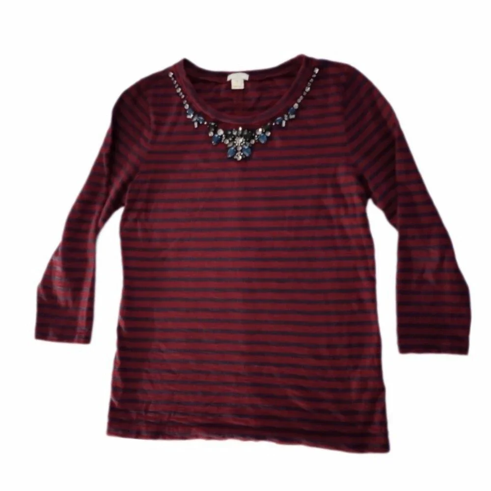 J.Crew Striped 3/4 Sleeve Jeweled Collar Top sz S Womens